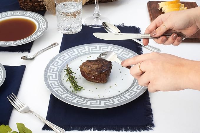 Porcelain 12 Piece Dinnerware Set - Service for 4 - Gorgeous Silver Greek Key Inspired Design - Includes Kitchen Plates Ceramic Dishes Set for 4 (Meander Silver)