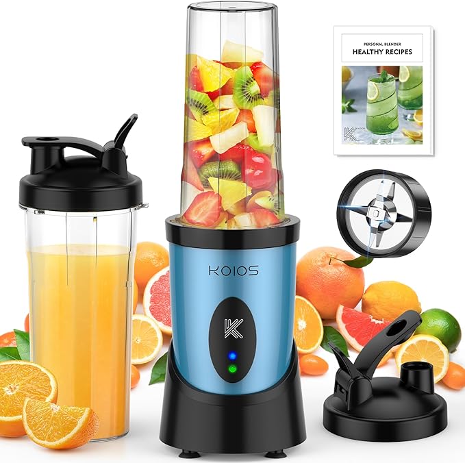 KOIOS Smoothie Blender 900W Personal Blender for Shakes and Smoothies for Kitchen with 2 Portable Cups 22oz Single Serve Smoothies Maker Mixer for Juices Nutritious Recipe Sky Blue