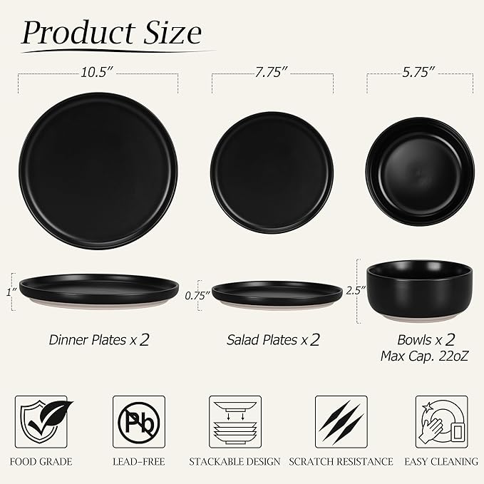 LIANYU Plates and Bowls Sets for 2 6 Piece Stoneware Dinnerware Set Porcelain Dishware for Kitchen and Dining Microwave Oven Dishwasher Safe High temperature &amp Scratch Resistant Matte Black