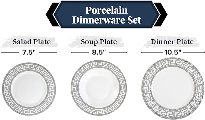 48 Piece Porcelain Dinnerware Sets for 12 – Plates and Bowls – White with Silver Greek Key Design Dish Set for Kitchen Table Everyday Dining or Formal Occasions (Meander Silver)