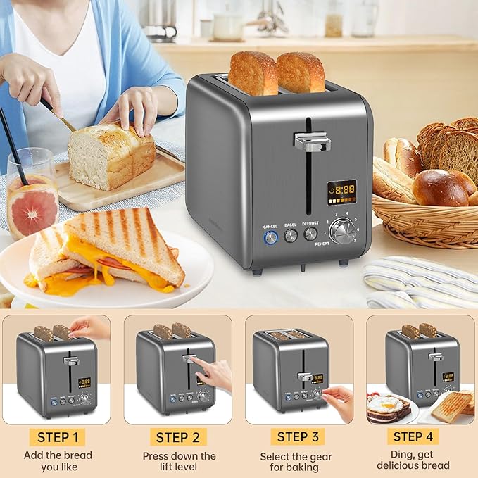 SEEDEEM Toaster 2 Slice Stainless Steel Bread Toaster LCD Display 7 Shade Setting 1.4'' Wide Slots Bagel/Defrost/Reheat Functions Removable Crumb Tray 900W Dark Metallic