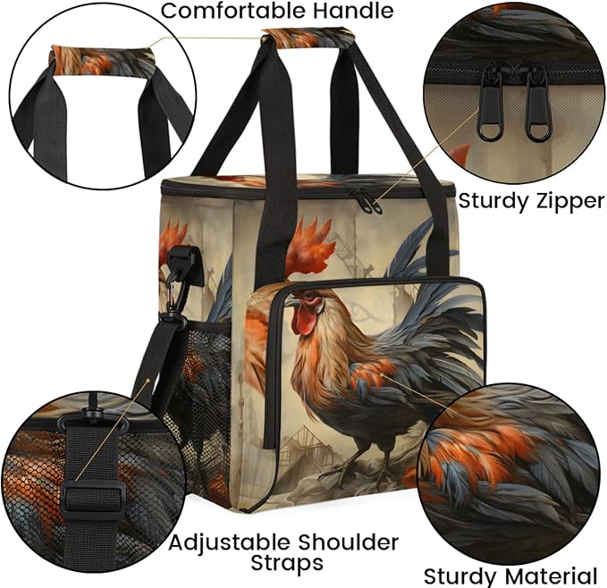 Rustic Chicken Coffee Maker Travel Bag for Keurig K-Mini/K-Mini Plus Insulated Waterproof Tote with Pockets for K-Cup Portable Single-Serve Brewer Case
