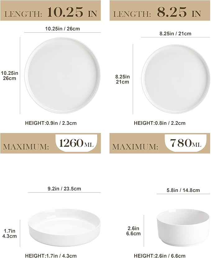 MALACASA 24 Pieces Porcelain Dinnerware Set Bundles 8.85 Large Pasta Bowls Set of 6