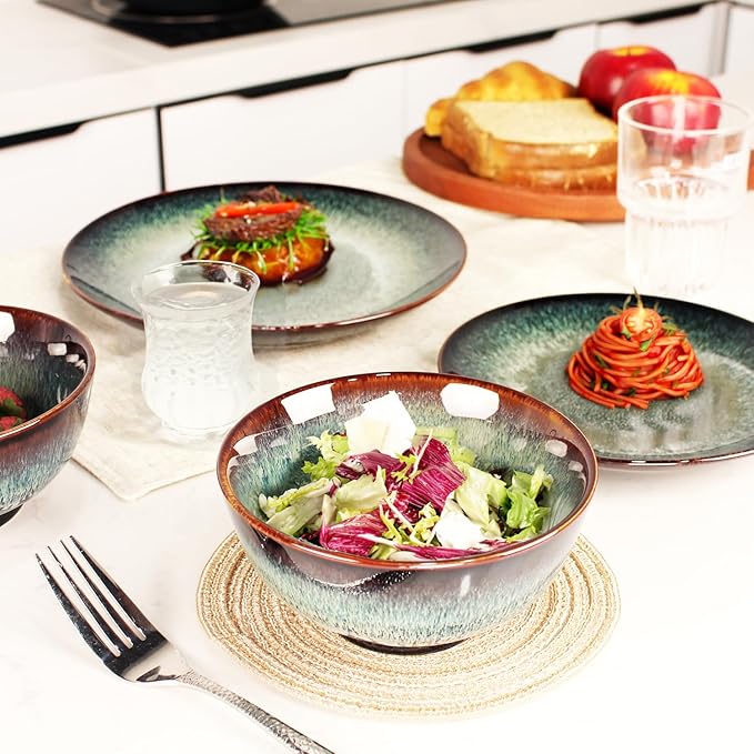 Dinner Set 12 Pieces - Round Reactive Glaze Tableware - Kitchen Dinnerware Porcelain Crockery with Dinner Plate Bowl and Soup Plate Service for 4 Microwave Dishwasher Safe Set (No.2)