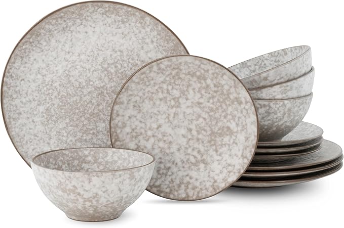 Mimola Ceramic Dinnerware SetsHandmade Reactive Glaze Stoneware Plates and Bowls SetsHighly Chip and Crack Resistant | Dishwasher &amp Microwave Safe Dishes SetService for 4 (12pc) (pure white)