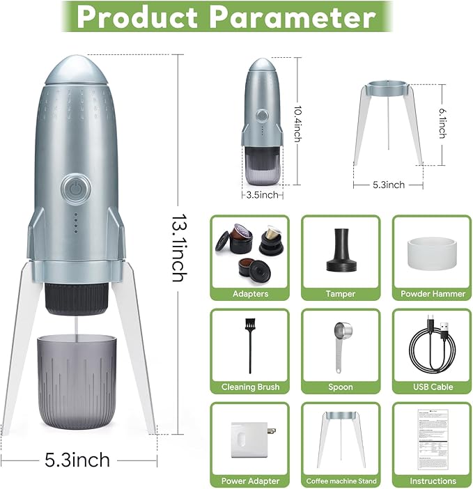 3 in 1 Portable Electric Espresso Machine On the Go with Detachable Coffee Stand Car Coffee Maker Self-Heating with USB-C For Travel Camping and Hiking With Ground Coffee &amp NES PRES*O/DG Pod
