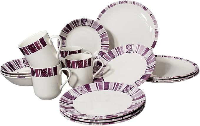 Tudor 16-Piece Premium Quality Round Porcelain Dinnerware SetBOHEME PURPLE Service for 4 See 10 Designs Inside!