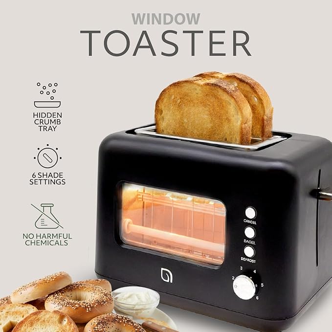 WILLOW Eco Series 2 Slice Toaster with Clear-View Window 6 Shade Settings 900W Retro Toaster with Extra Wide Slots + Bagel Cancel &amp Defrost Buttons 2 Slice Toasters w Crumb Tray for Easy Clea