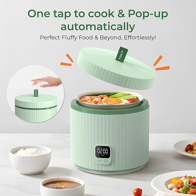 TOKIT Rice Cooker Small 3 Cup Uncooked /6 Cup Cooked Modern Multifunctional Mini Rice Cooker with 24-H Timer &amp Warmer for 1-3 People Ceramic Coated Non-Stick Pot 8 Cook Functions Avocado Green
