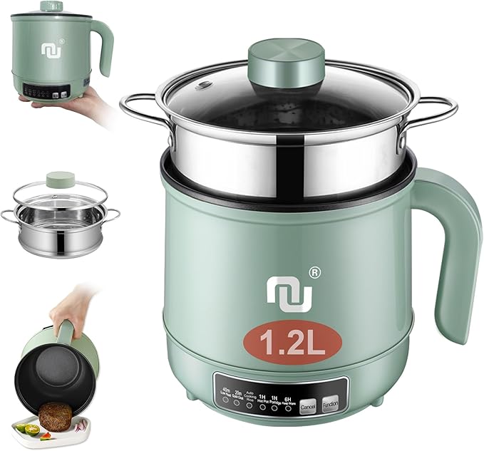 Smart Mini Hot Pot with Timer and Automatic Shut Off 1.2L Non-Stick Rapid Noodle Cooker w Stainless Steel Steamer Basket 600W Quick Cook 5 Cooking Modes for Soup Rice (1cup)  Porridge Pasta Great f