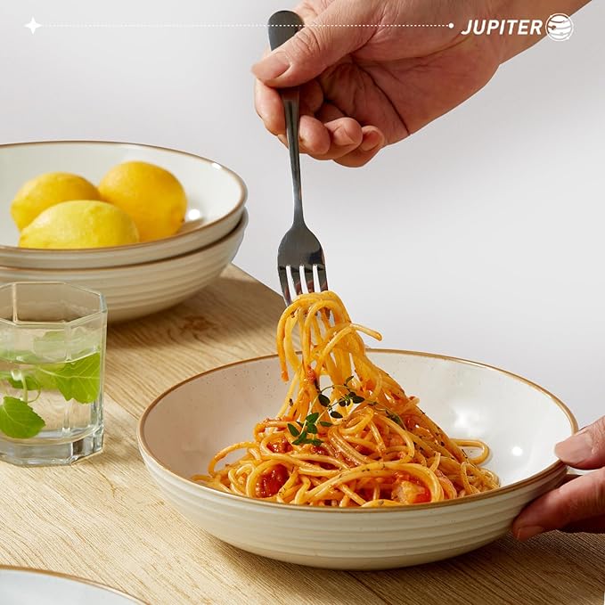 Famiware Jupiter Plates and Bowls Set for 4 16 Pieces Dinnerware Sets 8.5 Pasta Bowls for Serving White