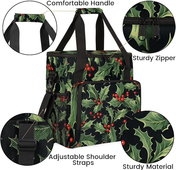 Holly Berry Flowers Coffee Maker Carrying Bag Glitter Flowers Travel Storage Bag Compatible with K-Mini or K-Mini Plus Single Serve Coffee Brewer Carrying Case with Multiple Pockets &amp Shoulder S