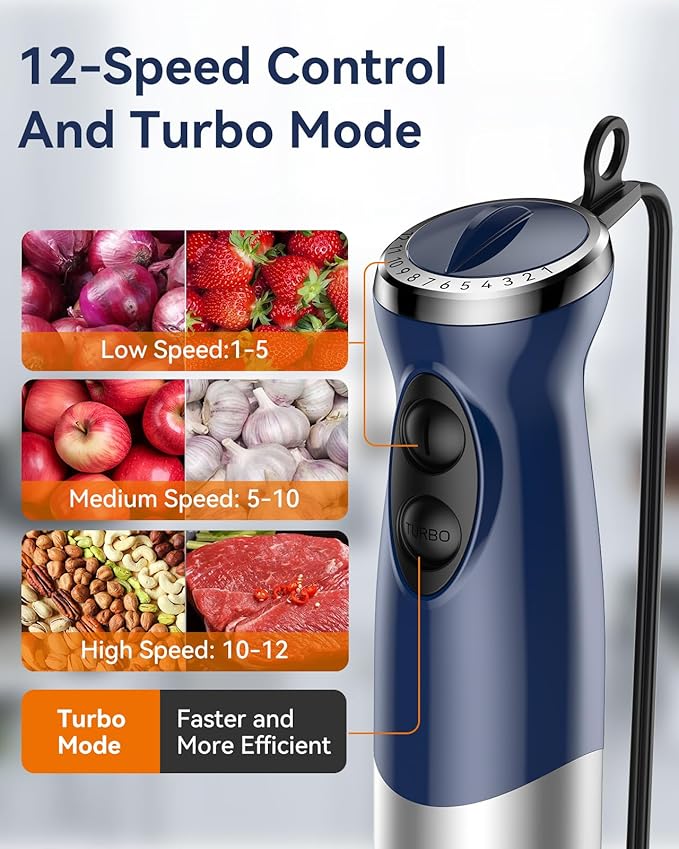 Immersion Blender Handheld 1000W 5 in 1 Corded Stick Hand Blender Kitchen with 12 Speed BPA-Free Mixing Beaker Chopper Whisk Milk Frother Perfect Emulsifier for Soup Baby Food Sauce Puree