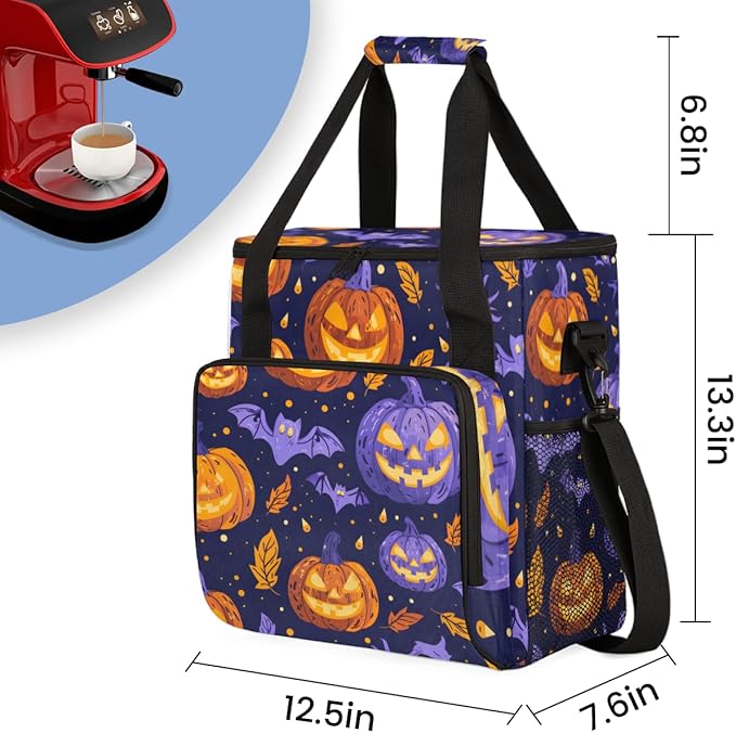 Bats Pumpkins Coffee Maker Carrying Bag Portable Travel Storage Tote Bag Compatible with K-Mini or K-Mini Plus Single Serve Coffee Brewer Carrying Case with Multiple Pockets &amp Shoulder Strap