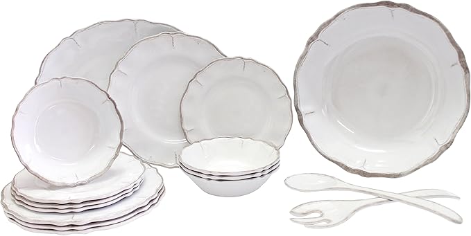 Le Cadeaux 16 Piece Luxury Melamine Dinnerware Set Service for 4 (Rustica Antique White)