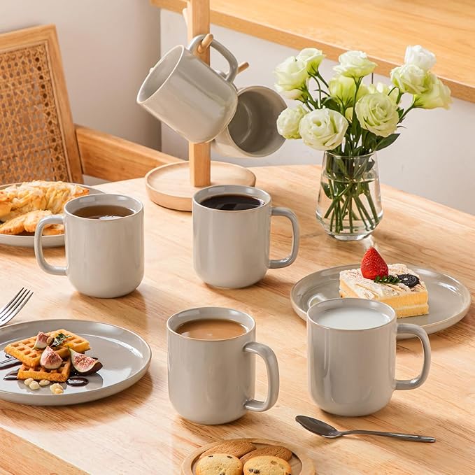 vancasso PLAYA Plates and Bowls Sets12 Pieces Grey Dinnerware Sets and 16 oz Large Ceramic Coffee Cups Set of 6 Stoneware Mugs with Handle for Latte Tea Cappuccino Milk Cocoa