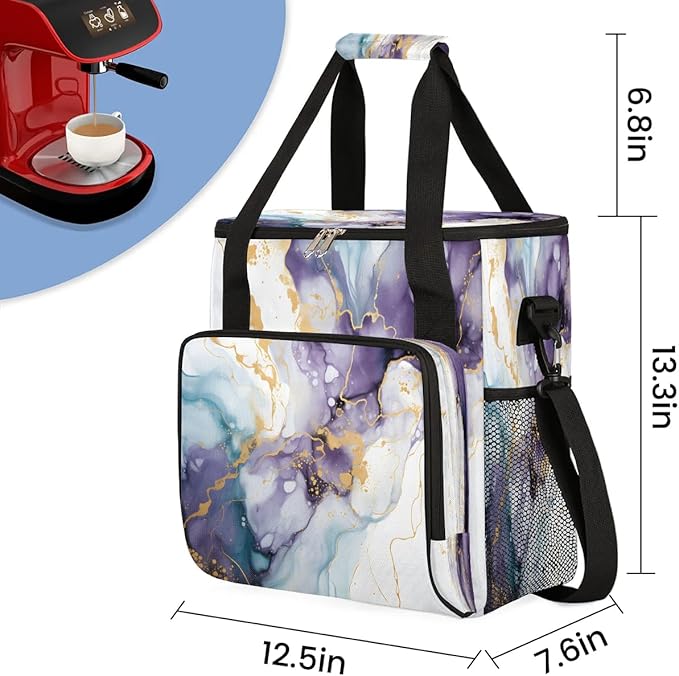 Beautiful Marble Themed Coffee Maker Carrying Bag Compatible with K-Mini or K-Mini Plus Portable Single Cup Coffee Maker Case with Pockets for K Cup Pods