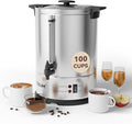 100-Cup Commercial Coffee Maker Hot Water Urn 4 Gallon Large Capacity Hot Drink Dispenser 1500W Quick Brew for Catering Events Stainless Steel