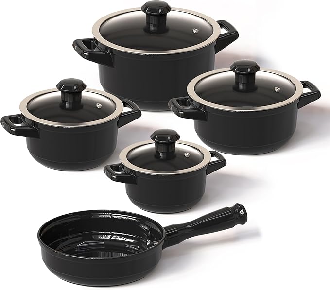 Real Ceramic Non Scratchable Non Toxic Cookware Set - Oven Safe Up to 1200F Stovetop Agnostic Dishwasher Safe Longlasting and Lightweight - PFAS PTFE PFOA PFOS - Black