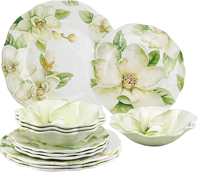UPware 12 Piece Magnolia Melamine Dinnerware Sets Outdoor Dishes Set Plates and Bowls Sets Service for 4 Green