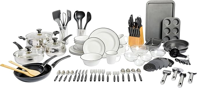 Gibson Home 95 Piece Kitchen in a Box Pots and Pans Cookware Plates and Bowls Dinnerware Cutlery Knife Block Flatware Utensils Tools &amp Gadgets Storage Glasses Set