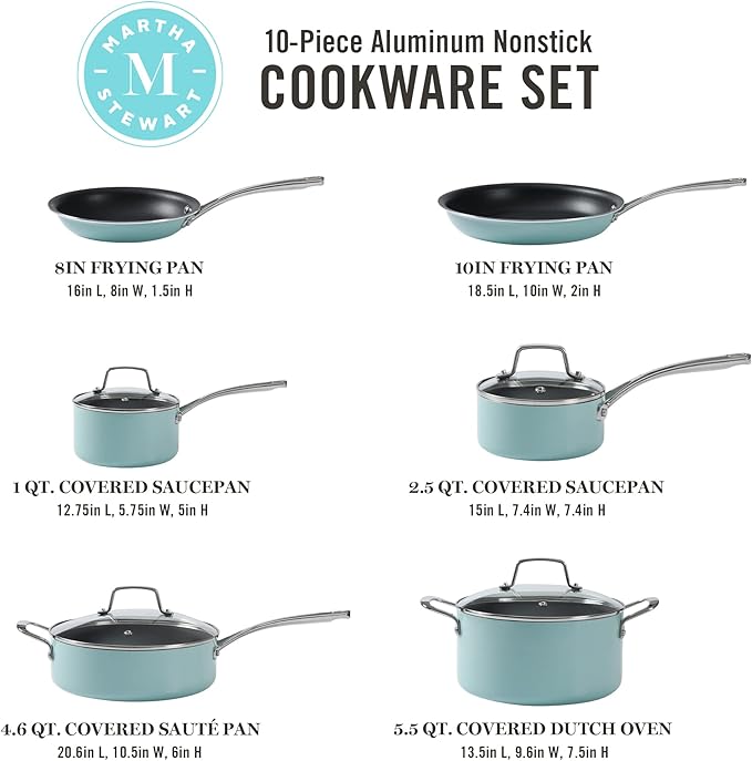 Martha Stewart Lockton Premium Nonstick 10 Piece Enamel Aluminum Pots and Pans Cookware Set + Martha Stewart BPA Free Plastic Cutting Board (16 x 12 and 12 x 8) - Martha Blue