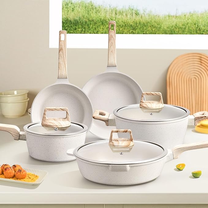 Pots and Pan Set Non Stick Cookware Set 5pcs Non-Stick Kitchen Set Induction Cookware Non-Toxic Granite Cooking Set Multi-Purpose for Home use