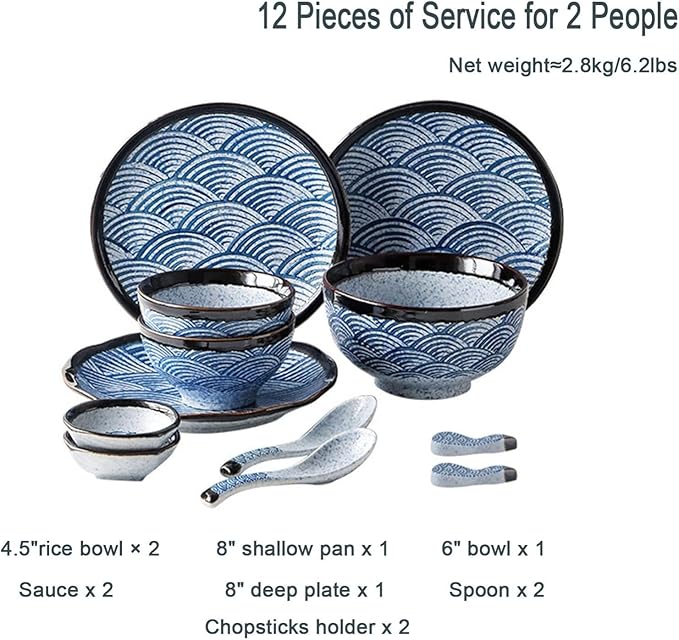 Dinnerware Set 12 Piece Dishes Set Plates and Bowls Set for 2 Kitchen Porcelain Dinnerware Sets Ceramics Dinner Set Tableware Set Dishwasher and Microwave Safe