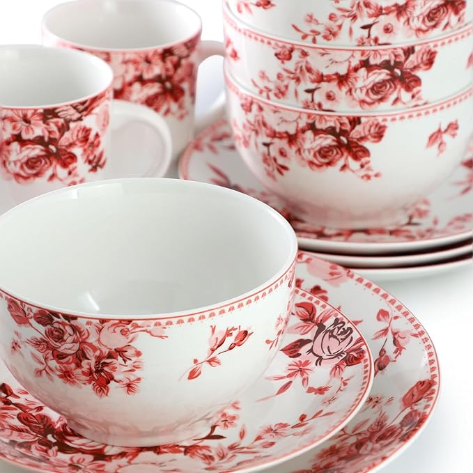 Traditional Purple Rose 16 Piece Stoneware Dinnerware Set – Floral Dinnerware Set for 4 Durable Microwave and Dishwasher Safe Plates Bowls and Mugs (Red Rose)