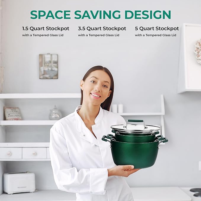 Granitestone Green Pots and Pans Set Nonstick 6 Stackable Piece Cooking Pots Set Kitchen Pots Non Stick Coating 5qt 3qt &amp 1.5qt Pots with Lids Stay Cool Handles Dishwasher Safe 100% Toxin Fre