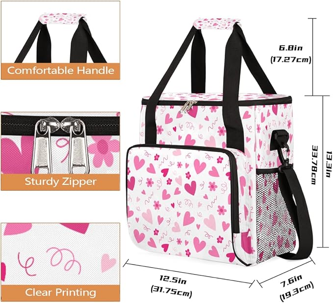 Valentine Pink Heart Flowers Coffee Maker Carrying Bag Coffee Machine Travel Storage Bag Compatible with K-Mini or K-Mini Plus Portable Single Serve Coffees Brewer Case with Pockets for K-Cup Pods