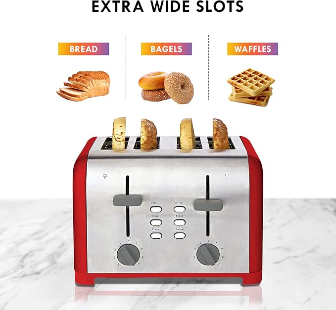 Kenmore Toaster 4 Slice - Extra Wide Slot Countertop Kitchen Appliance Defrost Function Grille-Pain 9 Shade Settings Compact Design Easy Clean Crumb Tray Bread Bagel Stainless Steel &amp Red