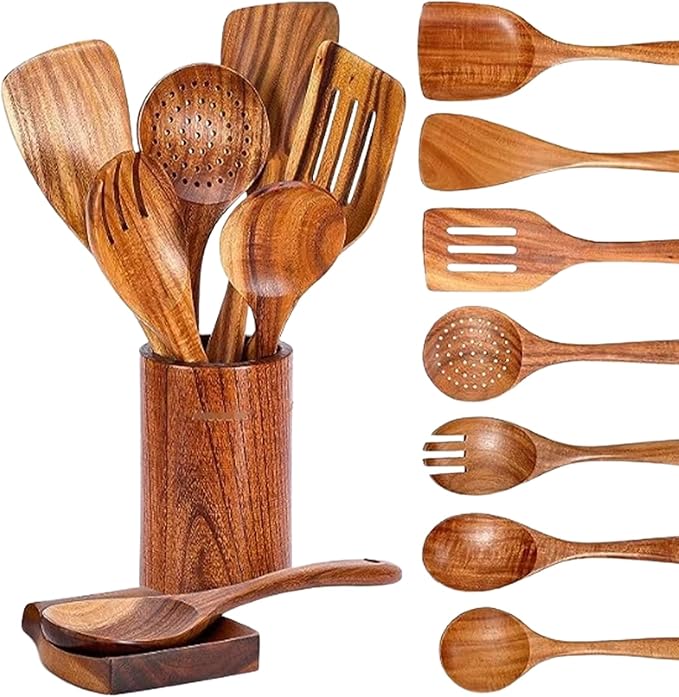 Wooden Kitchen Utensil Set 9-Piece Cooking Tools with Holder and Spoon Rest Wooden Spoons for Cooking