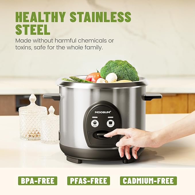 3-Cup Uncooked Rice Cooker Small Stainless Steel Non-Toxic Inner Pot One-Touch Multifunction for Rice/Sauté/Yogurt Dishwasher Safe 1-3 People Size Silver
