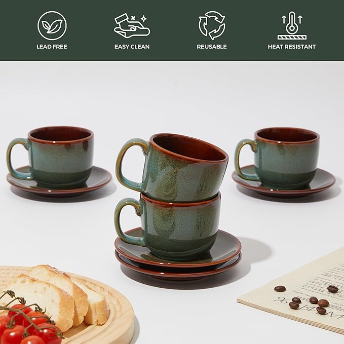 Dinnerware Sets 16 Pieces with Coffee Cups with Saucers Brown Green