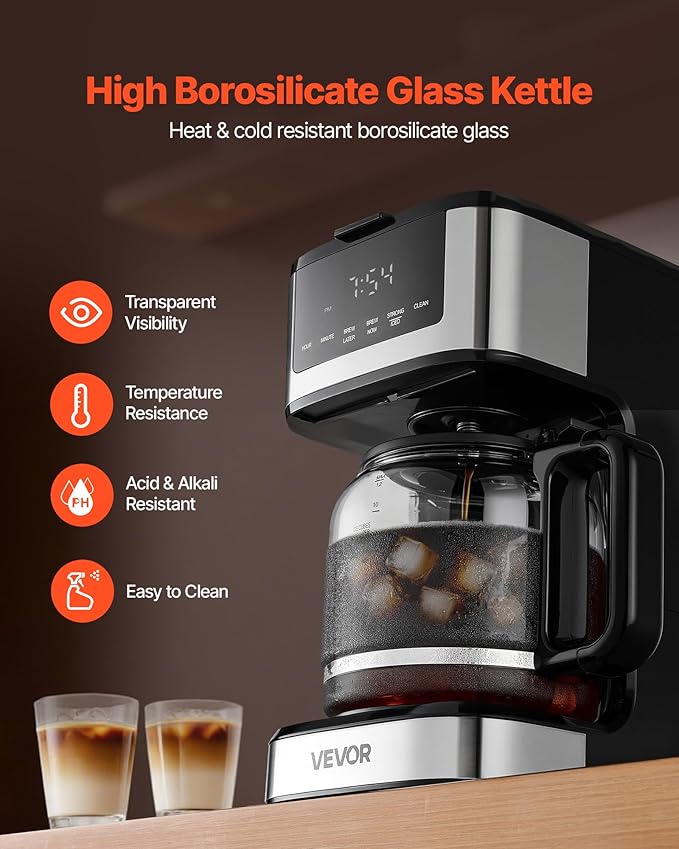 VEVOR Programmable Coffee Maker 12 Cup Programmable Drip Coffee Makers with Touch Screen 4-Hour Keep Warm Coffee Makers Drips 2 Brew Strengths Drip Coffee Machine for Home 24-Hour Programmable