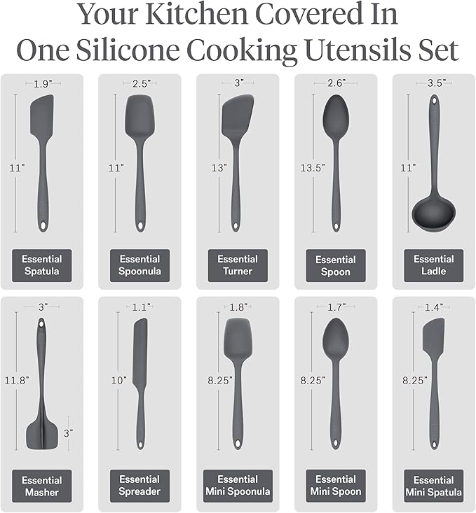 GIR: Get It Right 10 Piece Silicone Essentials Kitchen utensils set - Ladle Spatula Flip Spoon &amp Spoonula - Non toxic cooking utensils for Nonstick Cookware Cooking and Baking - Charcoal