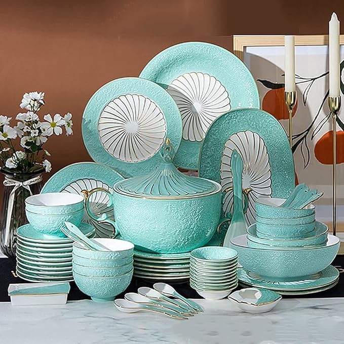 Ceramics Dinner Set Kitchen and Dining Service Durable Kitchen Dinnerware Set Dinner Salad Appitizer Dessert Plate Bowls Best for Indoor and Outdoor Party Creativity Villa Table Decor (Blue 11Pcs)