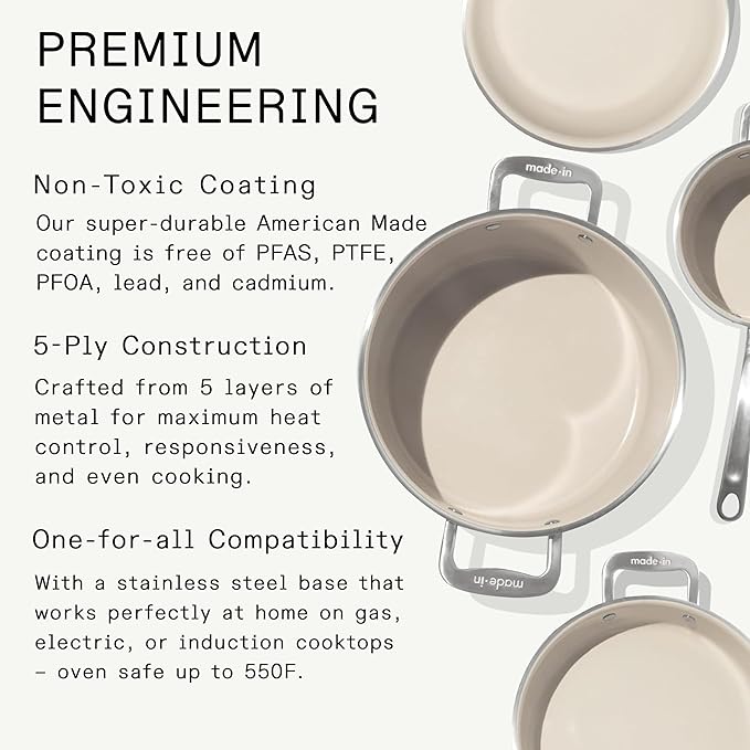 Made In Cookware | 7-Piece Ceramic Non Stick Pot and Pan Set (Stainless Handle) | 5-Ply Stainless Clad | Professional Cookware | Crafted in Italy | Induction Compatible