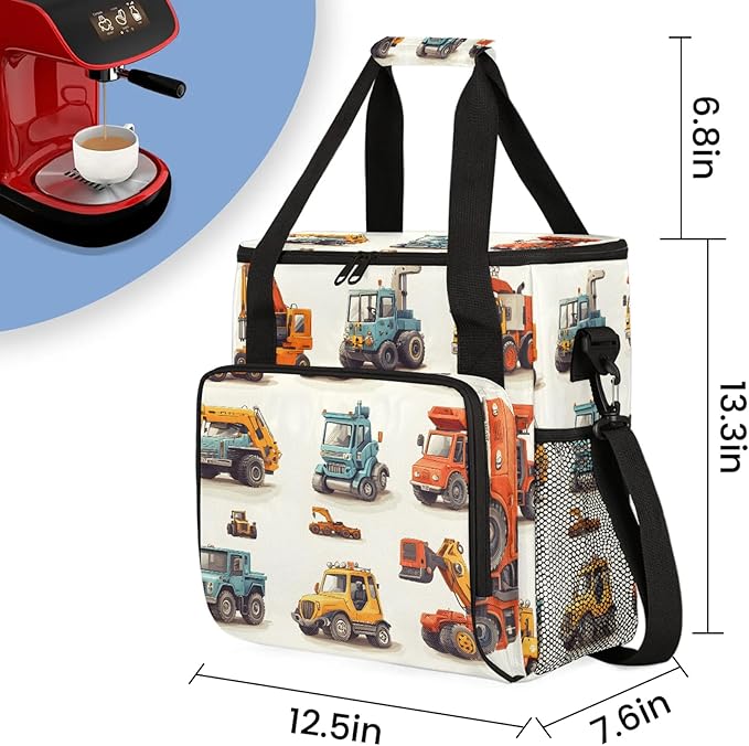 Excavator Coffee Maker Travel Bag Cartoon Tractor Machinery Trucks Insulated Grocery Bag Travel Picnic Leakproof Cooler Bags With Shoulder Strap