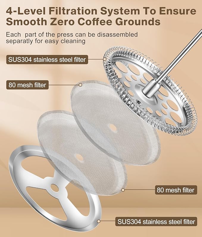French Press Coffee Maker - 34 Ounce Classice Stainless Steel Coffee Press with 4-Level Filtration System Heat Resistant Thickness Borosilicate Glass French Press Coffee Pot for Camping Travel Gift