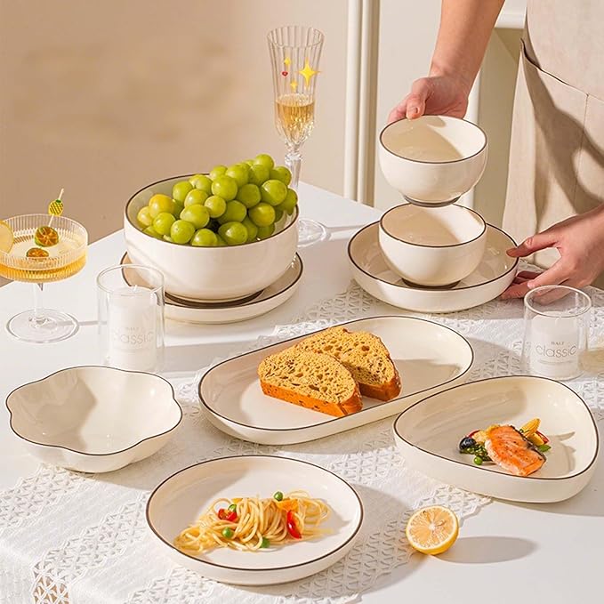 Porcelain Dinnerware Set Plates Bowls Cups Dishes Tableware Combination Everyday Use Dinner Plates Soup Bowls Salad Plates Elegant Style Microwave Dishwasher Oven Safe