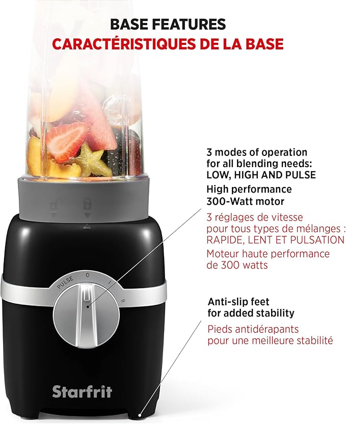 Starfrit Personal Blender - Two 828ml Cups - High Low &amp Pulse Modes - 300W - Black