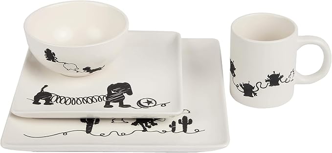 Toy Story 4-Piece Ceramic Dinnerware Set With Scribble Design - Cute Character Line Drawings - Beautiful Glazed White Square Dinner &amp Salad Plates With 16 Oz. Bowl &amp 11 Oz. Mug Place Setting