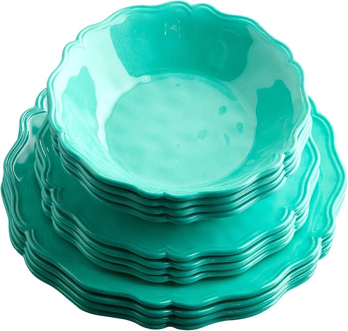 Isabella Teal 12-Piece Melamine Dinnerware Set for 4 – Vibrant Crackle Glaze Plates &amp Bowls with Scalloped Edges Durable Lightweight Dishwasher Safe for Everyday and Outdoor Dining