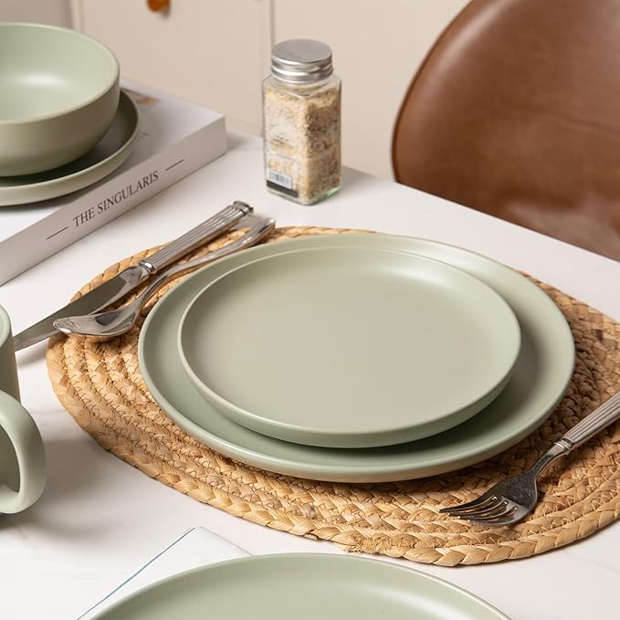 12-Piece Stoneware Dinnerware Set with Mugs | Microwave and Dishwasher Friendly | Stackable Matte Glaze Plates &amp Bowls | Service for 3 (Green for 3)