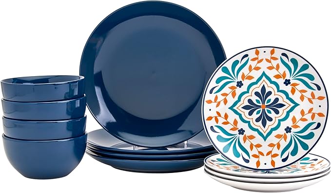 Tabletops Gallery 12-Piece Isabella Patterned Ceramic Dinnerware Set of Kitchen Dishes Dinner Plates Cereal Bowls Service for 4 Blue