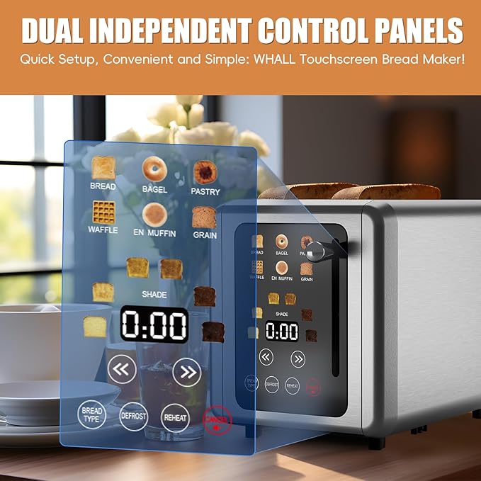 WHALL® Touch Screen Toaster 2 Slice Stainless Steel Digital Timer Toaster 6 Bread Types &amp 6 Shade Settings Smart Extra Wide Slots Toasters With Bagel Cancel Defrost Functions