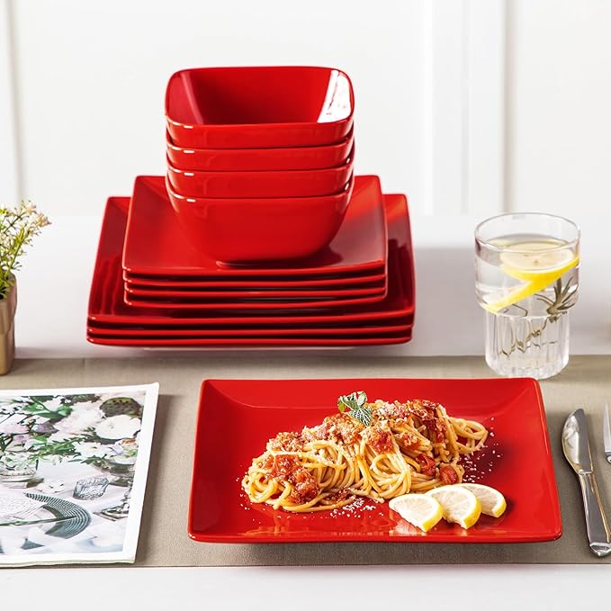 vancasso Soho Dinnerware Sets 12 Pieces Red Stoneware Square Place Setting Dinner Plate Plates and Bowls Sets Dishes Service for 4
