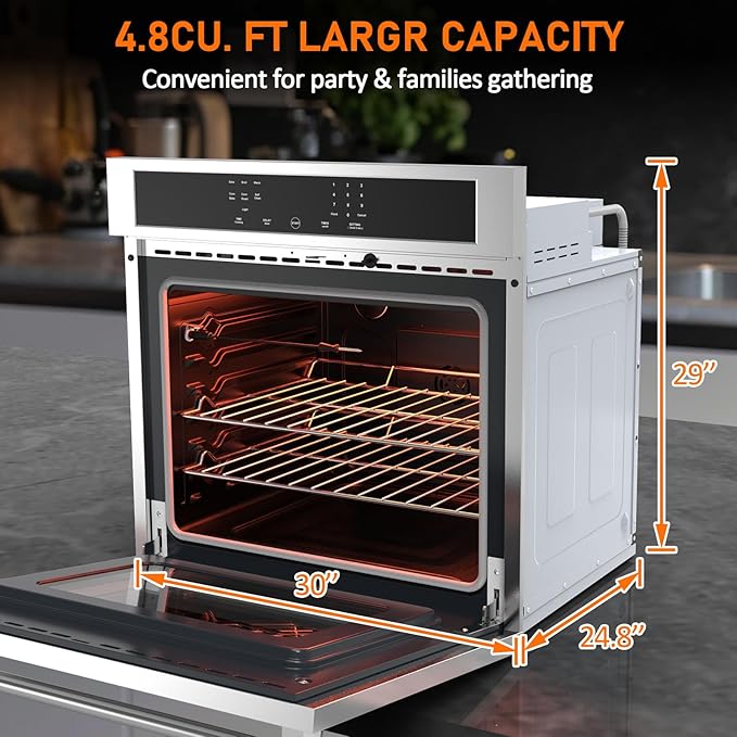 30 Inch Electric Wall Oven 4.8 Cu.ft Built-in Single Convection Oven with Self-Cleaning Broil Bake Safety Lock LED Touch Control for Kitchen Cabinet